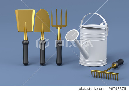 Garden shovel, pitchfork and rake on grey background, summer camping concept Garden shovel, pitchfork and rake on grey background, summer camping concept 96797876