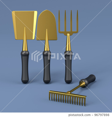 Garden shovel, pitchfork and rake on grey background, summer camping concept Garden shovel, pitchfork and rake on grey background, summer camping concept 96797898
