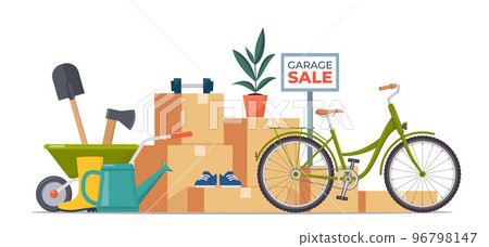 Garage sale banner with flat furniture objects arranged on the floor - house plants, guitar, books, clothes, chair and others. Flea market old stuff clutter. Vector illustration. 96798147