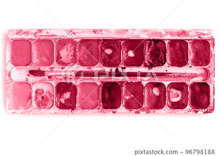 Trendy color of the year 2023. Palette old watercolor paints and brush toned in viva magenta color. Trendy color of the year 2023. Palette old watercolor paints and brush toned in viva magenta color. 96798188