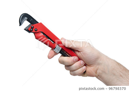 Close up of hand with iron red and black wrench isolated on white background with clipping path Close up of hand with iron red and black wrench isolated on white background with clipping path 96798370