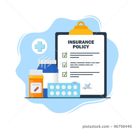 Insurance policy on clipboard. Health insurance agreement and medical drugs, pills. Check list with signature on board. Protection, security, health care concept. Insurance policy on clipboard. Health insurance agreement and medical drugs, pills. Check list with signature on board. Protection, security, health care concept. 96798440