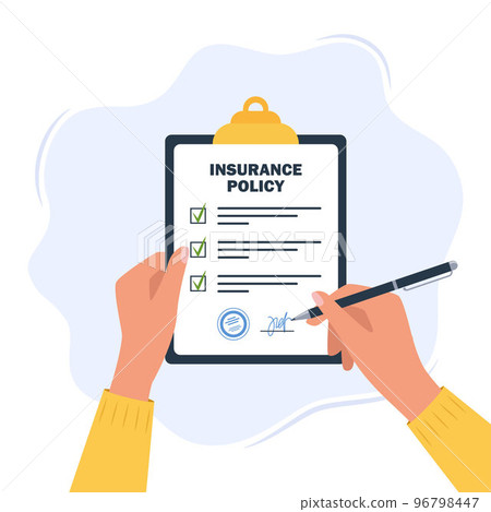 Person signs an insurance policy holding clipboard in hand. Man signature form. Claim form. Insurance policy on clipboard. Vector illustration. 96798447