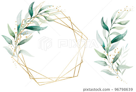 Geometric golden frame and bouquet made of green watercolor eucalyptus leaves, wedding illustration Geometric golden frame and bouquet made of green watercolor eucalyptus leaves, wedding illustration 96798639