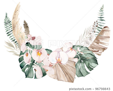 Boho Wedding Watercolor wreath with beige and teal green tropical leaves and orchid flowers illustration Boho Wedding Watercolor wreath with beige and teal green tropical leaves and orchid flowers illustration 96798643
