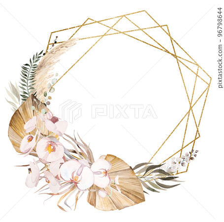 Watercolor Bohemian geometric frame made with dried tropical leaves and orchid flowers illustration Watercolor Bohemian geometric frame made with dried tropical leaves and orchid flowers illustration 96798644