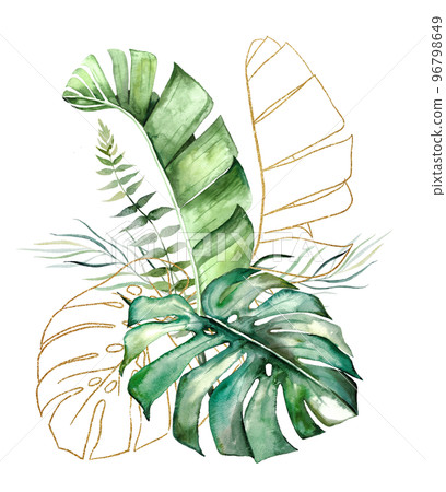 Bouquet made of Green and Golden tropical watercolor leaves, isolated wedding illustration 96798649