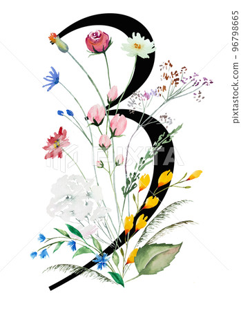 Black number 3 with watercolor wildflowers and leaves bouquet, Summer floral wedding design 96798665