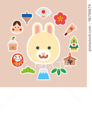 可愛的兔年圖標集插圖（不帶字母）[新年賀卡模板（兔年）] 96798674