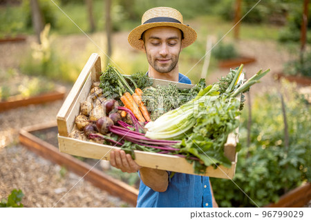 Farmer with freshly picked vegetables at farmland 96799029