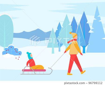 Mother Pulling Child Sitting on Sleds in Winter Mother Pulling Child Sitting on Sleds in Winter 96799112