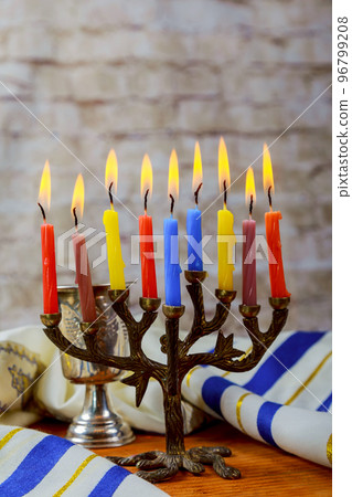 A still life composed of elements of the Jewish Chanukah Hanukkah festival. jewish holiday Hanukkah 96799208