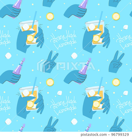 Juicy pattern in blue tones. Homemade lemonade lettering. Colorful hands with glasses and bottles of lemonade, V sign. 96799329