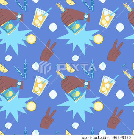 Seamless pattern lemonade. Illustration of hands holding a bottle of lemonade, victoria sign, glasses with lemonade, lemons, ice. Image for banner, website, packaging. 96799330