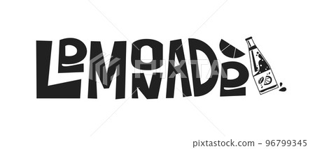 Black and white lettering Lemonade with a bottle and a slice of lemon. Print for printing on fabric and paper. Black and white lettering Lemonade with a bottle and a slice of lemon. Print for printing on fabric and paper. 96799345
