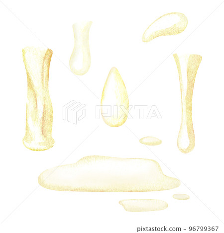 Lemon juice. Puddle, drop, stream. Citrus water flows down. Watercolor illustration. Isolated on a white background. For your design recipes, product packaging with citrus acid or scent Lemon juice. Puddle, drop, stream. Citrus water flows down. Watercolor illustration. Isolated on a white background. For your design recipes, product packaging with citrus acid or scent 96799367