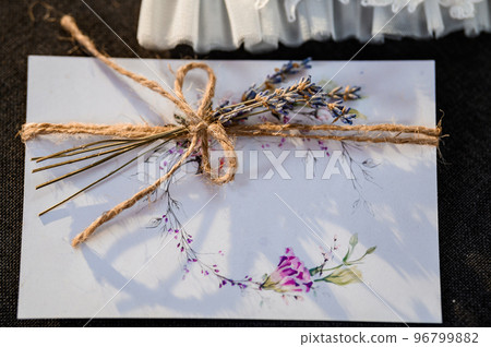 Wedding accessories. Wine glasses wedding invitation ring bride candle perfume sparkling wine 96799882