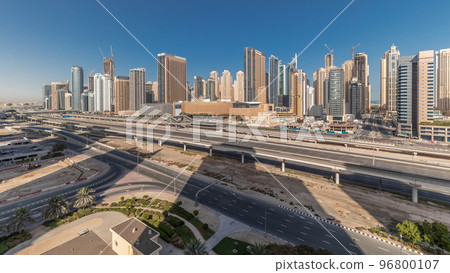 Panorama showing Dubai Marina skyscrapers and Sheikh Zayed road with metro railway, United Arab Emirates Panorama showing Dubai Marina skyscrapers and Sheikh Zayed road with metro railway, United Arab Emirates 96800107