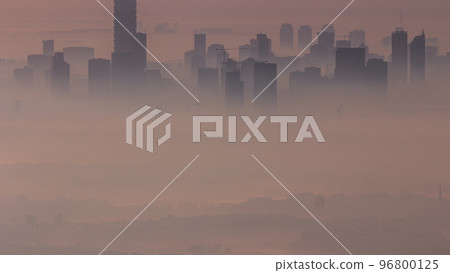 Aerial view of Jumeirah Village Circle district timelapse with fog 96800125