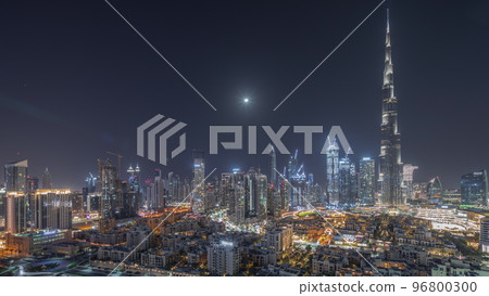 Dubai Downtown all night timelapse with tallest skyscraper and other towers Dubai Downtown all night timelapse with tallest skyscraper and other towers 96800300