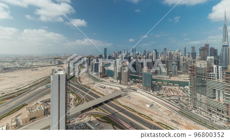 Panorama showing skyline of Dubai with business bay and downtown district timelapse. Panorama showing skyline of Dubai with business bay and downtown district timelapse. 96800352