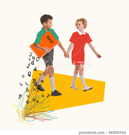 Contemporary art collage. Happy children, boy and girl holding hands and walking together to school. Studying 96800384