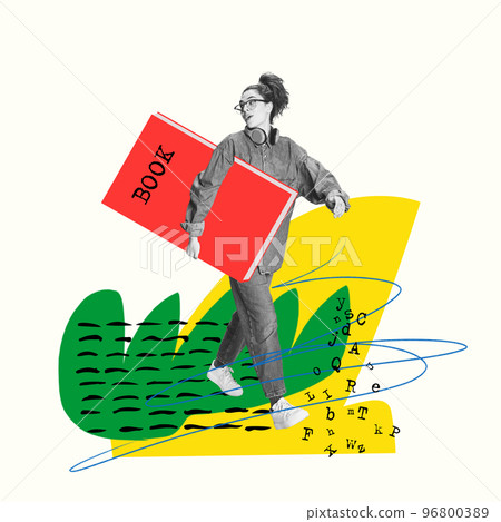 Contemporary art collage. Yong stylish girl, student in glasses walking with giant book. Study, homework, exams preparation 96800389