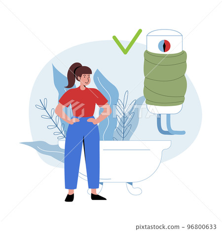 Woman isolate water tank in bathroom. Ecological awareness. Reduce electricity consumption 96800633