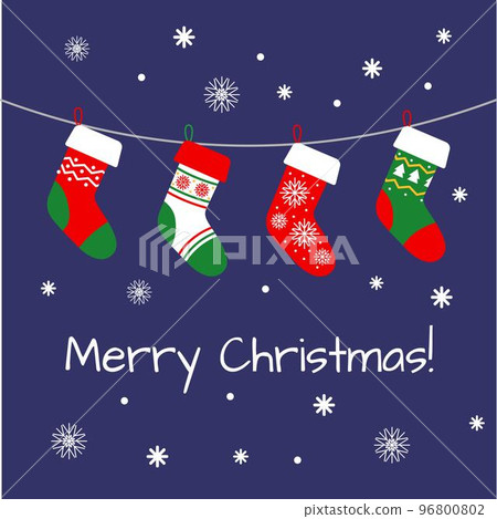 Hanging Xmas socks. Winter gifts. Happy green and red holiday stockings. Merry Christmas celebrations. Santa Claus presents and snowflakes. Festive season garland decoration. Vector tidy greeting card Hanging Xmas socks. Winter gifts. Happy green and red holiday stockings. Merry Christmas celebrations. Santa Claus presents and snowflakes. Festive season garland decoration. Vector tidy greeting card 96800802