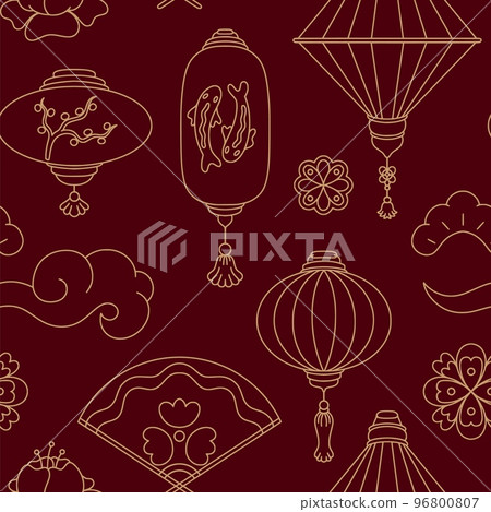 Japanese pattern. Seamless print with traditional oriental textures and line graphics. Paper fan and lantern. Lotus flower. Outline Chinese lamp. Koi fish and cloud. Vector Asian design red background Japanese pattern. Seamless print with traditional oriental textures and line graphics. Paper fan and lantern. Lotus flower. Outline Chinese lamp. Koi fish and cloud. Vector Asian design red background 96800807