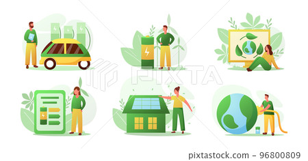 Sustainable home. Eco friendly car. Green planet. Electric battery charging. Ecology conservation technologies concepts set. House environment. Renewable energy. Vector illustration recent infographic 96800809