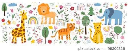 Children doodle pattern. Animals and flower plants. Childish tiger. Geometric tree nursery drawing. Lion and leopard. Scandinavian cute elements set. Rainbow and giraffe. Vector colorful utter design Children doodle pattern. Animals and flower plants. Childish tiger. Geometric tree nursery drawing. Lion and leopard. Scandinavian cute elements set. Rainbow and giraffe. Vector colorful utter design 96800816