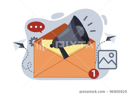 Email newsletter. Mail send landing. Incoming letter. Banner list with mail plane. Big megaphone or envelope. Update of subscription. Mailbox notification loudspeaker. Vector illustration tidy concept Email newsletter. Mail send landing. Incoming letter. Banner list with mail plane. Big megaphone or envelope. Update of subscription. Mailbox notification loudspeaker. Vector illustration tidy concept 96800820