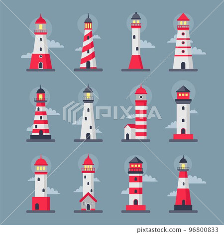 Red lighthouse. Water beach travel house. Light building. Isolated nautical construction and clouds. Sea navigation towers set. Ocean coast architecture. Security sign. Vector flat tidy illustration 96800833