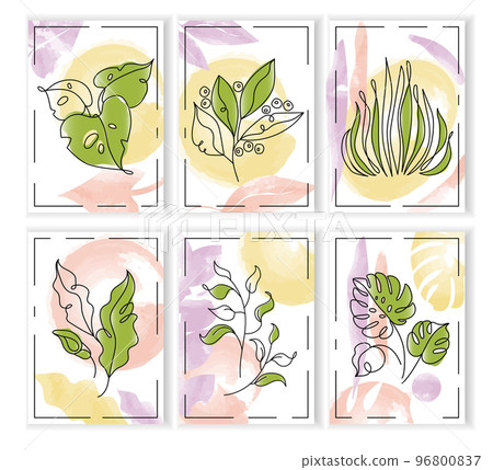 Abstract nature leaf, plant line art. Organic autumn lines, minimalist summer boho prints collection, modern floral shapes. Colorful botanical posters and cards. Vector graphic current illustration 96800837