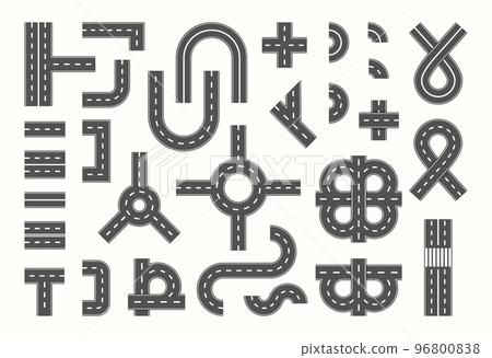 Street road creation elements. Highway top view. Circle and curve roadway isolated parts. Automobile traffic. Track asphalt junction. Crossroad line. Straight car way. Vector background current set 96800838