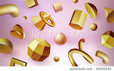 3d golden shapes, geometric elements. Abstract gold donut, spiral and cone, yellow metal render objects, futuristic memphis gradient. Modern background with figures. Vector isolated exact concept 96800849