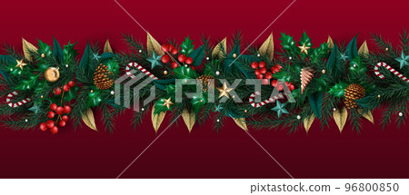 Merry christmas decorate holiday background. Garland border with forest berries and cones, golden toys, ornament frame, stars and fir, leaves and branches with xmas tinsel. Vector banner, exact poster Merry christmas decorate holiday background. Garland border with forest berries and cones, golden toys, ornament frame, stars and fir, leaves and branches with xmas tinsel. Vector banner, exact poster 96800850