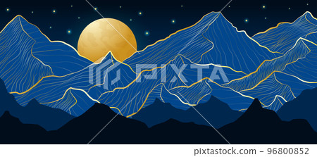 Abstract mountain art. Gold hills and starry sky. Luxury line landscape. Modern linear map texture. Midnight nature panorama. Rock peaks and moon. Foil contour drawing. Vector design garish background Abstract mountain art. Gold hills and starry sky. Luxury line landscape. Modern linear map texture. Midnight nature panorama. Rock peaks and moon. Foil contour drawing. Vector design garish background 96800852