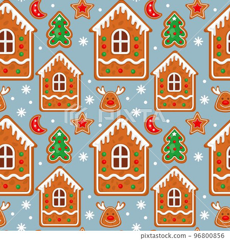 Christmas cookie house, village pattern. Cute snowy home, sweet noel ornament, decorative winter city. Decor textile, xmas holidays wrapping paper, wallpaper design. Vector seamless tidy illustration 96800856