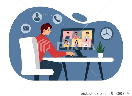 Virtual online work. Business office. Video conference. Home telework. People sits at computer. Distance internet videocall. Freelance remote job. Web communication. Vector cartoon tidy illustration Virtual online work. Business office. Video conference. Home telework. People sits at computer. Distance internet videocall. Freelance remote job. Web communication. Vector cartoon tidy illustration 96800859