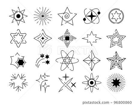 Christmas sparkle. Space star icon. Premium and favorite line sign. Night sky. Magic glitter. Firework explosion. Xmas bright bursts. Pentacle and atom symbol. Vector geometry current pictograms set 96800860