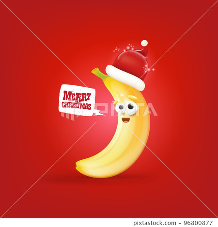 Merry Christmas greeting card and banner with funny cartoon banana character wearing santa red hat isolated on red background. Funny and cute Christmas card with smiling Banana monster 96800877