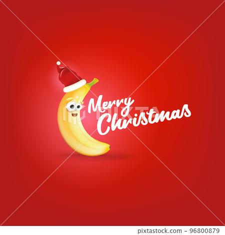 Merry Christmas greeting card and banner with funny cartoon banana character wearing santa red hat isolated on red background. Funny and cute Christmas card with smiling Banana monster 96800879