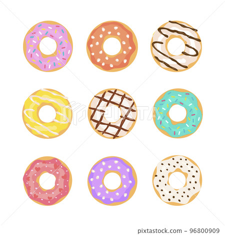Set of cartoon colorful donuts. Top View Doughnuts collection into glaze for menu design, cafe decoration, delivery box. 96800909