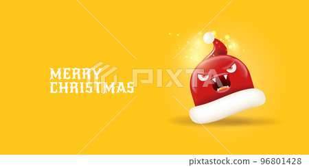 Vector cartoon monster Santa Claus red hat with grinch face isolated on orange horizontal background. Merry Christmas greeting card or banner with funny crazy monster Santa Claus hat. Santa hat Vector cartoon monster Santa Claus red hat with grinch face isolated on orange horizontal background. Merry Christmas greeting card or banner with funny crazy monster Santa Claus hat. Santa hat 96801428