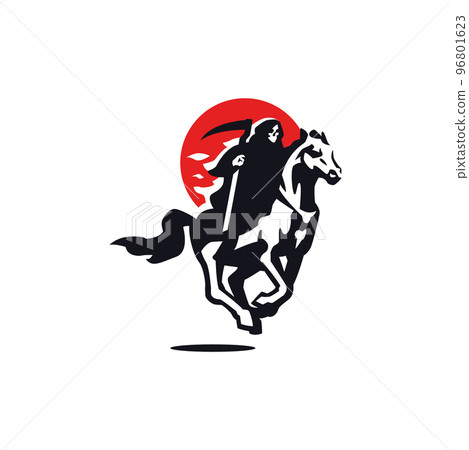 Death Rider. Death, a skeleton with a scythe and a hood rides a horse Death Rider. Death, a skeleton with a scythe and a hood rides a horse 96801623