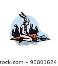 Woman With Carrot. A woman in a rabbit mask sits on a carrot next to rabbits 96801624