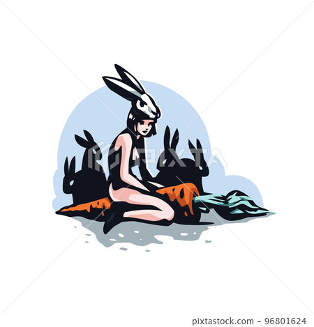 Woman With Carrot. A woman in a rabbit mask sits on a carrot next to rabbits Woman With Carrot. A woman in a rabbit mask sits on a carrot next to rabbits 96801624