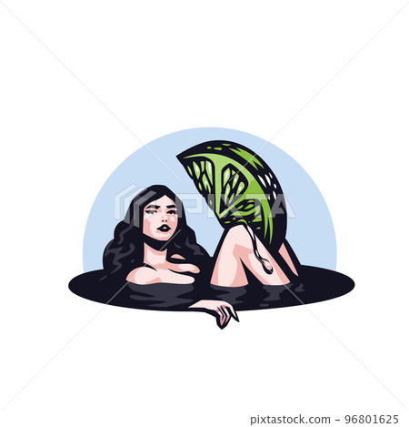 Cocktail Woman. A beautiful woman lies in a glass or a pond and holds a lemon or lime in her legs 96801625